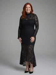 Margaret | Long Sleeve High Neck Lace Midi Dress