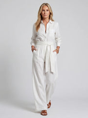 Jovie | Long Sleeve Button Front Wide Leg Jumpsuit