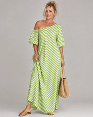 Zamrina | Striped Off Shoulder Puff Sleeve Midi Dress