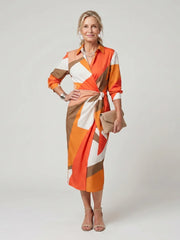 Leya | Long Sleeve Collared Wrap Stripe Pattern Midi Dress