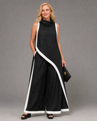 Valthera | Contrast Trim Sleeveless Layered Top And Wide Leg Pants Set