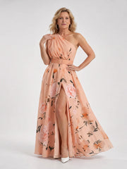 Manios | Floral Print One Shoulder Belted Maxi Dress