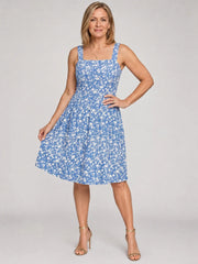 Leneva | Square Neck Floral Print Knee Length Dress