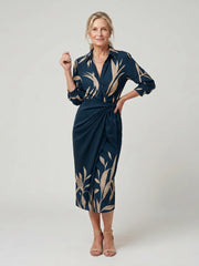 Leya | Long Sleeve Collared Wrap Stripe Pattern Midi Dress