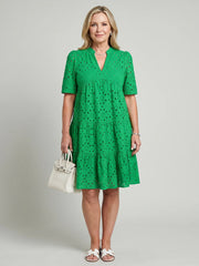 Nicolette | Short Sleeve Eyelet Detail Knee Length Dress