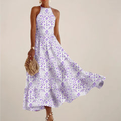 Printed Halter Neck Maxi Dress - A-Line Flowy