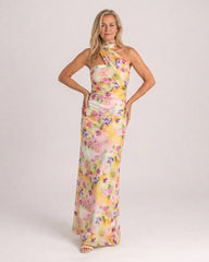 Fijem | Watercolor Floral One Shoulder Halter Maxi Dress