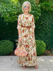 Odelia | Round Neck Three Quarter Sleeve Belted Maxi Dress