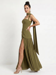 Bindi | Cutout Neck Pleated Slit Maxi Dress