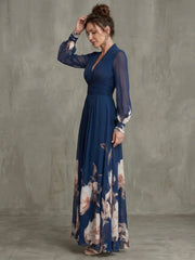 Ziva | Pleated Sheer Sleeves Maxi Dress