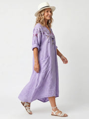 Tavi | Floral Embroidered Oversized Pocket Midi Dress