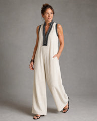 Velmira | Embroidered V Neck Sleeveless Wide Leg Jumpsuit