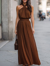 Cross Halter Pleated Waist Flowing Maxi Dress