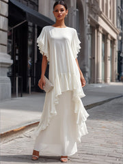 Layered Ruffle Sleeve Asymmetric Tiered Maxi Dress