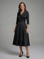 Genevieve | Three Quarter Sleeve Wrap Bodice Midi Dress