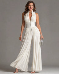 Zakira | Pleated Halter Neck Wide Leg Jumpsuit