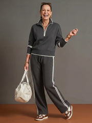 Rain | Zip Neck Long Sleeve Side Stripe Leg Pants Set