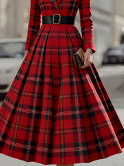 Statement Red Plaid Trench Dress With Gold Buckle Belt