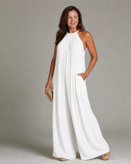 Sylvara | Pleated Halter Neck Wide Leg Relaxed Jumpsuit