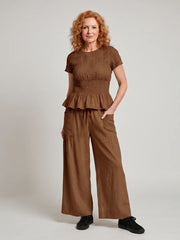 Eirenne | Peplum Detail Smocked Top And Wide Leg Pants Set