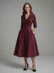 Genevieve | Three Quarter Sleeve Wrap Bodice Midi Dress