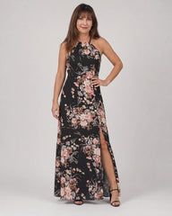 Loliane | Floral Halter Neck Side Slit Midi Dress
