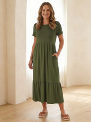 Nerissa | Round Neck Short Sleeve Tiered Midi Dress