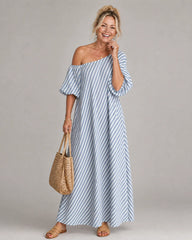 Zamrina | Striped Off Shoulder Puff Sleeve Midi Dress