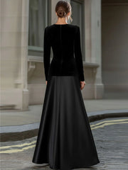 Black Velvet & Satin Long-Sleeve A-Line Evening Gown