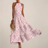 Printed Halter Neck Maxi Dress - A-Line Flowy