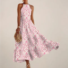 Printed Halter Neck Maxi Dress - A-Line Flowy