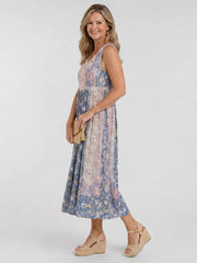 Lemez | Mixed Floral Sleeveless Button Detail Midi Dress