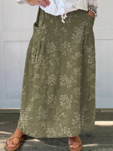Women'S Vintage Floral Linen Elastic Waistband Pocket Skirt