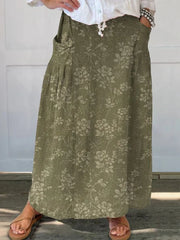 Women'S Vintage Floral Linen Elastic Waistband Pocket Skirt
