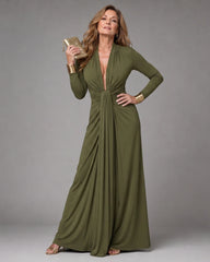 Vimmer | Draped Deep V Neck Long Sleeve Maxi Dress