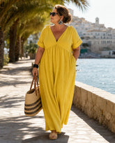 Zomla | Textured V Neck Short Sleeve Flowing Midi Dress
