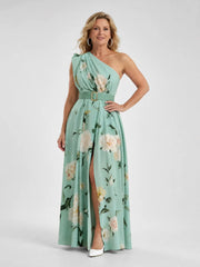 Manios | Floral Print One Shoulder Belted Maxi Dress