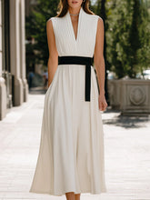 Pleated V-Neck Sleeveless Waist-Tie Flowing Maxi Dress