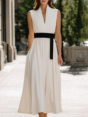 Pleated V-Neck Sleeveless Waist-Tie Flowing Maxi Dress