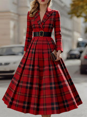 Statement Red Plaid Trench Dress With Gold Buckle Belt