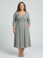 Isolde | Cross Pleated V Neck Button Front Midi Dress