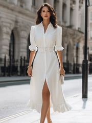 Button-Front Belted Ruffle Hem Shirt Dress