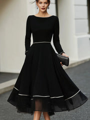 Long Sleeve Contrast Trim Midi Dress With Flared Skirt