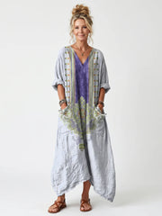 Raina | Contrast Panel Embroidered Oversized Pocket Midi Dress
