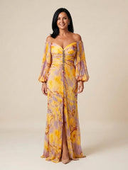 Eulalie | Off Shoulder Pleated Long Sleeve Maxi Dress