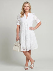 Nicolette | Short Sleeve Eyelet Detail Knee Length Dress