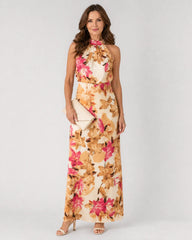Cekel | Botanical Print Halter Neck Flowing Midi Dress