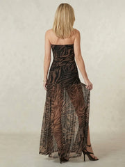 Zahara | Strapless Ruched Sheer Overlay Maxi Dress