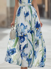 Elegant Watercolor Iris Print Square Neck Maxi Dress