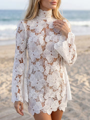 Izmane | Floral Lace High Neck Long Sleeve Mini Dress
